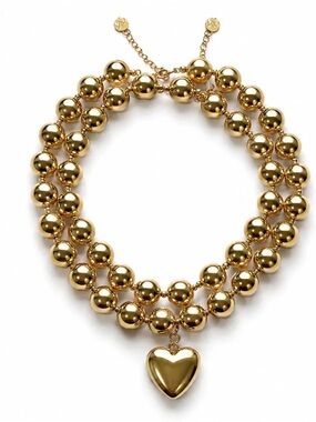 Double-Row Gold Beaded Necklace with Heart Pendant